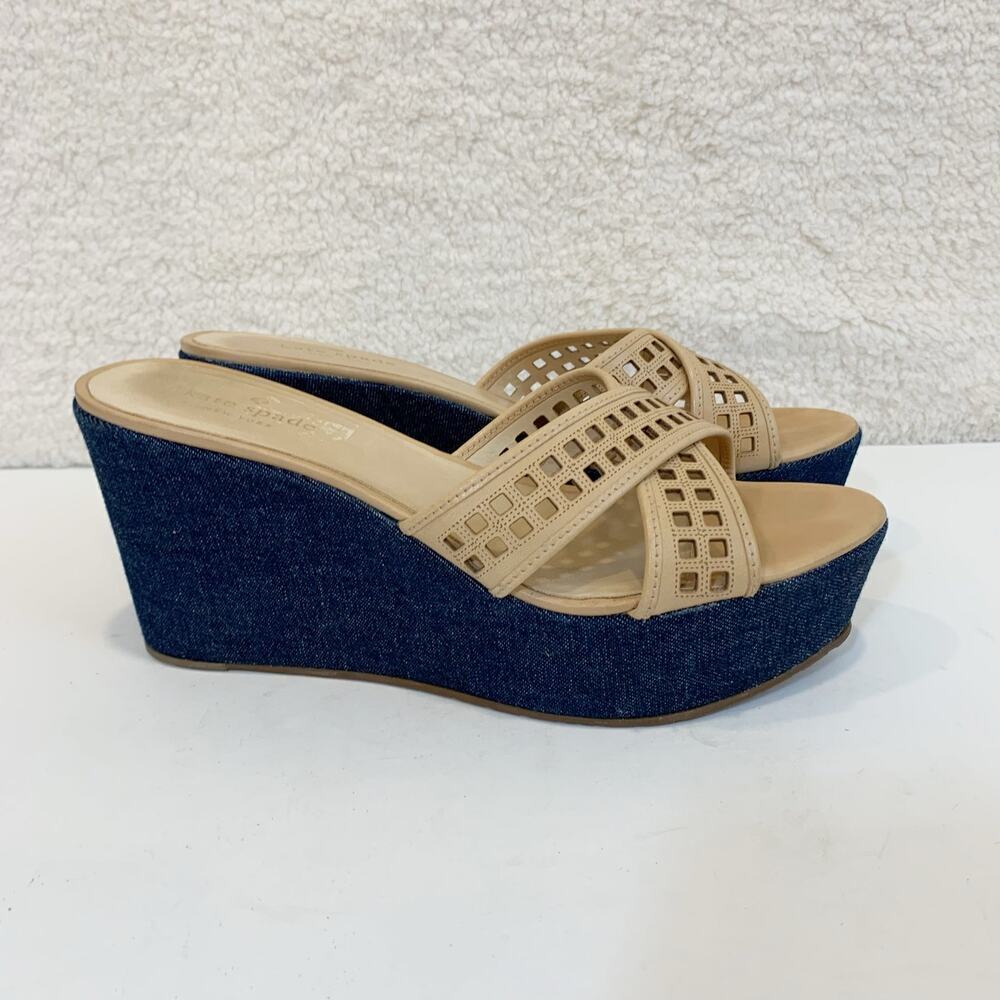 Kate Spade Wedge Sandals 8.5 M Meredith Denim and Tan Vacation Weekend Luxury